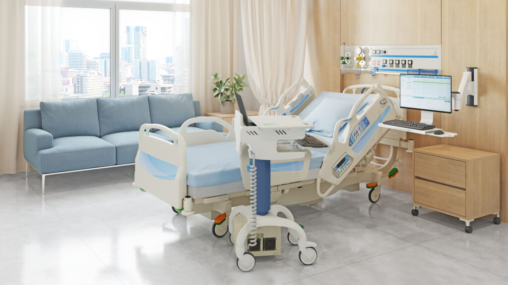 Patient room with Fusion Laptop cart and Vertical Wall Track System.