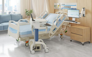 Patient room with Fusion Laptop cart and Vertical Wall Track System.