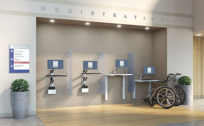 Registration station featuring Vertical Wall Track System and S-Collection Wall Mounted with 7000 Series Monitor Arms.